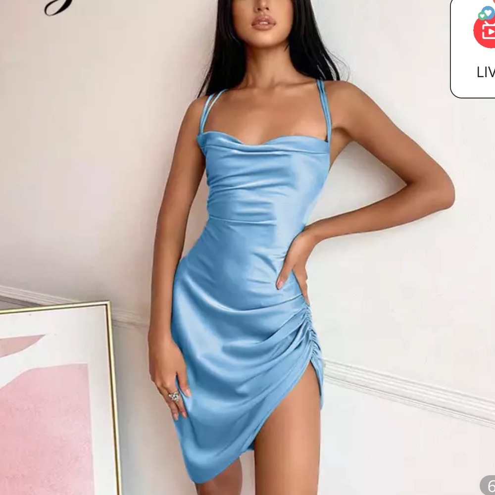Blue satin cowl wrap dress